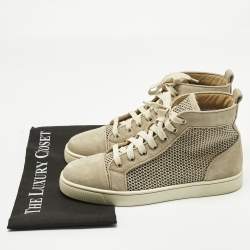 Pre Owned Christian Louboutin Beige/Cream Woven Fabric and Suede Rantus Orlato High Top Sneakers Size 39.5