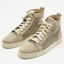 Pre Owned Christian Louboutin Beige/Cream Woven Fabric and Suede Rantus Orlato High Top Sneakers Size 39.5