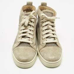 Pre Owned Christian Louboutin Beige/Cream Woven Fabric and Suede Rantus Orlato High Top Sneakers Size 39.5