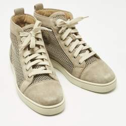Pre Owned Christian Louboutin Beige/Cream Woven Fabric and Suede Rantus Orlato High Top Sneakers Size 39.5