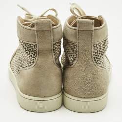 Pre Owned Christian Louboutin Beige/Cream Woven Fabric and Suede Rantus Orlato High Top Sneakers Size 39.5