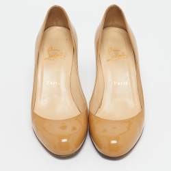 Pre Owned Christian Louboutin Beige Patent Leather Simple Pumps Size 38
