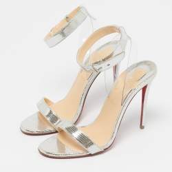 Pre Owned Christian Louboutin Silver/Transparent Leather And PVC Jonatina Sandals Size 36