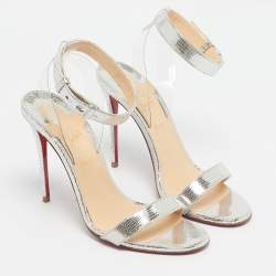 Pre Owned Christian Louboutin Silver/Transparent Leather And PVC Jonatina Sandals Size 36