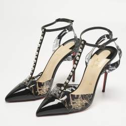 Pre Owned Christian Louboutin Black Patent Leather and PVC Nosy Spike Ankle Strap Sandals Size 40