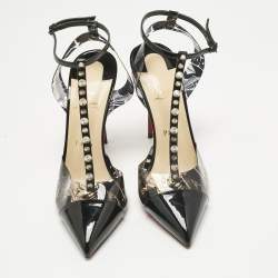 Pre Owned Christian Louboutin Black Patent Leather and PVC Nosy Spike Ankle Strap Sandals Size 40