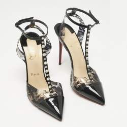 Pre Owned Christian Louboutin Black Patent Leather and PVC Nosy Spike Ankle Strap Sandals Size 40