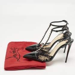 Pre Owned Christian Louboutin Black Patent Leather and PVC Nosy Spike Ankle Strap Sandals Size 40