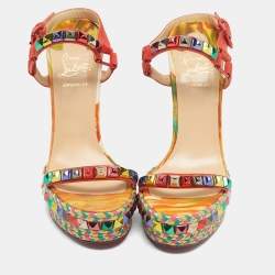 Pre Owned Christian Louboutin Multicolour Suede Studded Cataclou Platform Wedge Sandals Size 40