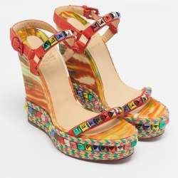 Pre Owned Christian Louboutin Multicolour Suede Studded Cataclou Platform Wedge Sandals Size 40