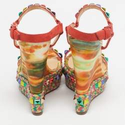 Pre Owned Christian Louboutin Multicolour Suede Studded Cataclou Platform Wedge Sandals Size 40