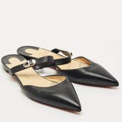 Pre Owned Christian Louboutin Black Leather Choc Lock Flat Mules Size 40.5