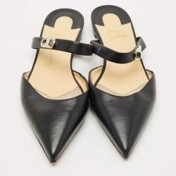 Pre Owned Christian Louboutin Black Leather Choc Lock Flat Mules Size 40.5