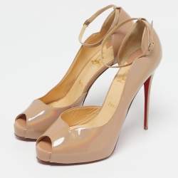 Pre Owned Christian Louboutin Beige Patent Leather Aketata Peep Toe Ankle Wrap Pumps Size 41