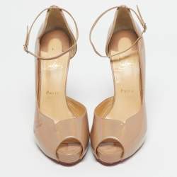 Pre Owned Christian Louboutin Beige Patent Leather Aketata Peep Toe Ankle Wrap Pumps Size 41