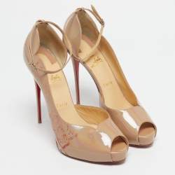Pre Owned Christian Louboutin Beige Patent Leather Aketata Peep Toe Ankle Wrap Pumps Size 41