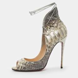 Pre Owned Christian Louboutin Silver Python Leather Megavamp Peep Toe Pumps Size 37.5