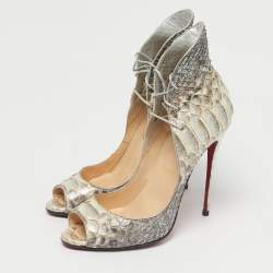 Pre Owned Christian Louboutin Silver Python Leather Megavamp Peep Toe Pumps Size 37.5