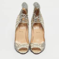 Pre Owned Christian Louboutin Silver Python Leather Megavamp Peep Toe Pumps Size 37.5