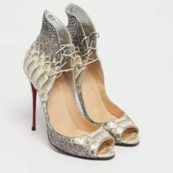 Pre Owned Christian Louboutin Silver Python Leather Megavamp Peep Toe Pumps Size 37.5