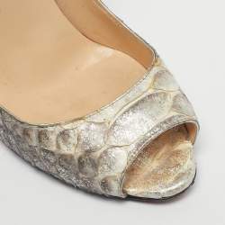 Pre Owned Christian Louboutin Silver Python Leather Megavamp Peep Toe Pumps Size 37.5