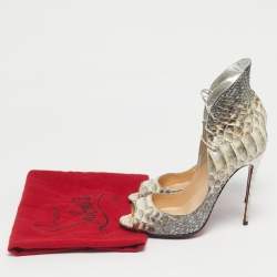 Pre Owned Christian Louboutin Silver Python Leather Megavamp Peep Toe Pumps Size 37.5