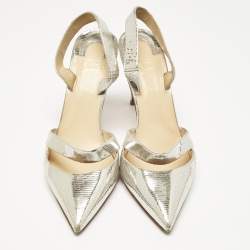 Pre Owned Christian Louboutin Silver texture Leather Actina Slingback Sandals Size 38