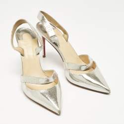 Pre Owned Christian Louboutin Silver texture Leather Actina Slingback Sandals Size 38