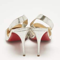 Pre Owned Christian Louboutin Silver texture Leather Actina Slingback Sandals Size 38