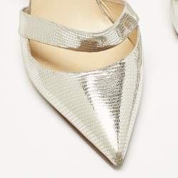 Pre Owned Christian Louboutin Silver texture Leather Actina Slingback Sandals Size 38