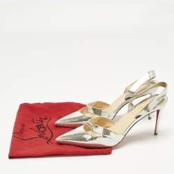 Pre Owned Christian Louboutin Silver texture Leather Actina Slingback Sandals Size 38