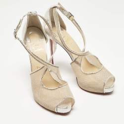 Pre Owned Christian Louboutin Silver Leather and Mesh Mariacar Ankle Strap Sandals Size 41
