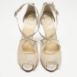 Pre Owned Christian Louboutin Silver Leather and Mesh Mariacar Ankle Strap Sandals Size 41