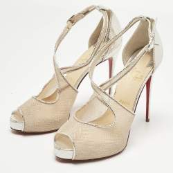 Pre Owned Christian Louboutin Silver Leather and Mesh Mariacar Ankle Strap Sandals Size 41