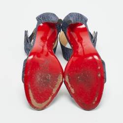 Pre Owned Christian Louboutin Blue Tweed Ankle Strap Sandals Size 37.5