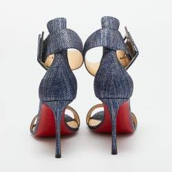 Pre Owned Christian Louboutin Blue Tweed Ankle Strap Sandals Size 37.5