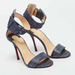 Pre Owned Christian Louboutin Blue Tweed Ankle Strap Sandals Size 37.5