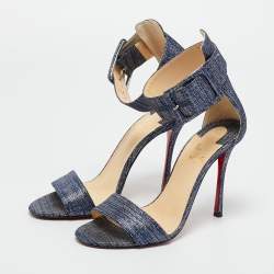 Pre Owned Christian Louboutin Blue Tweed Ankle Strap Sandals Size 37.5