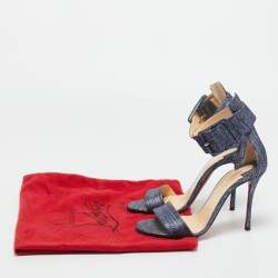 Pre Owned Christian Louboutin Blue Tweed Ankle Strap Sandals Size 37.5