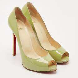 Pre Owned Christian Louboutin Green Patent Leather Flo Peep Toe Pumps Size 39
