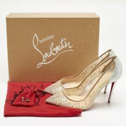 Pre Owned Christian Louboutin Silver/Beige Lace and Mesh Follies Strass Pumps Size 36