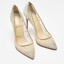 Pre Owned Christian Louboutin Silver/Beige Lace and Mesh Follies Strass Pumps Size 36