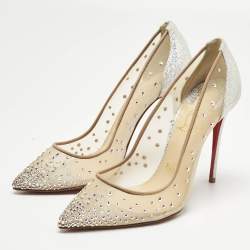 Pre Owned Christian Louboutin Silver/Beige Lace and Mesh Follies Strass Pumps Size 36