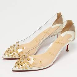Pre Owned Christian Louboutin White Patent Leather and PVC Collaclou Spikes Pumps Size 36.5
