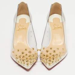 Pre Owned Christian Louboutin White Patent Leather and PVC Collaclou Spikes Pumps Size 36.5