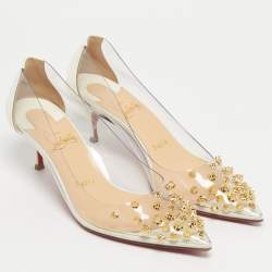 Pre Owned Christian Louboutin White Patent Leather and PVC Collaclou Spikes Pumps Size 36.5