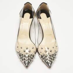 Pre Owned Christian Louboutin Black Patent Leather and PVC Collaclou Spiked Pumps Size 36.5