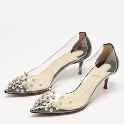 Pre Owned Christian Louboutin Black Patent Leather and PVC Collaclou Spiked Pumps Size 36.5