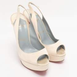 Pre Owned Christian Louboutin Pearl Satin Plisseta Slingback Platform Pumps Size 37