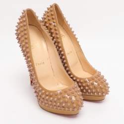 Pre Owned Christian Louboutin Beige Patent Leather Alti Spiked Platform Pumps Size 39